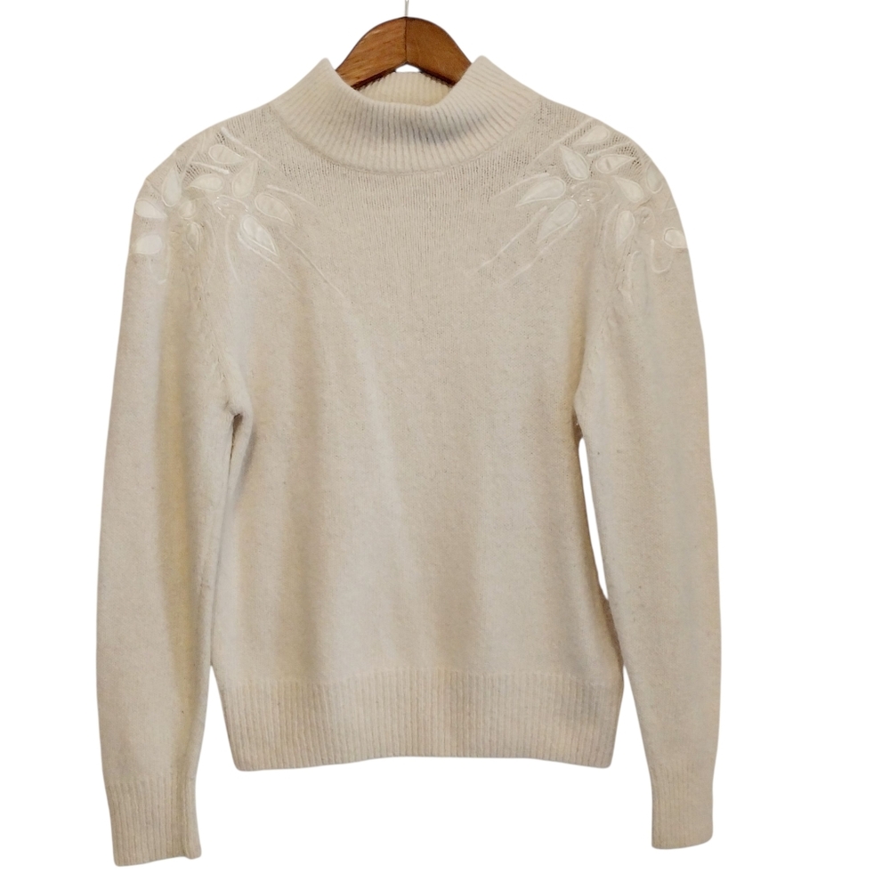 Vtg Distinction Large Silk Angora Off White Knit Lambs Wool Embroidered Sweater